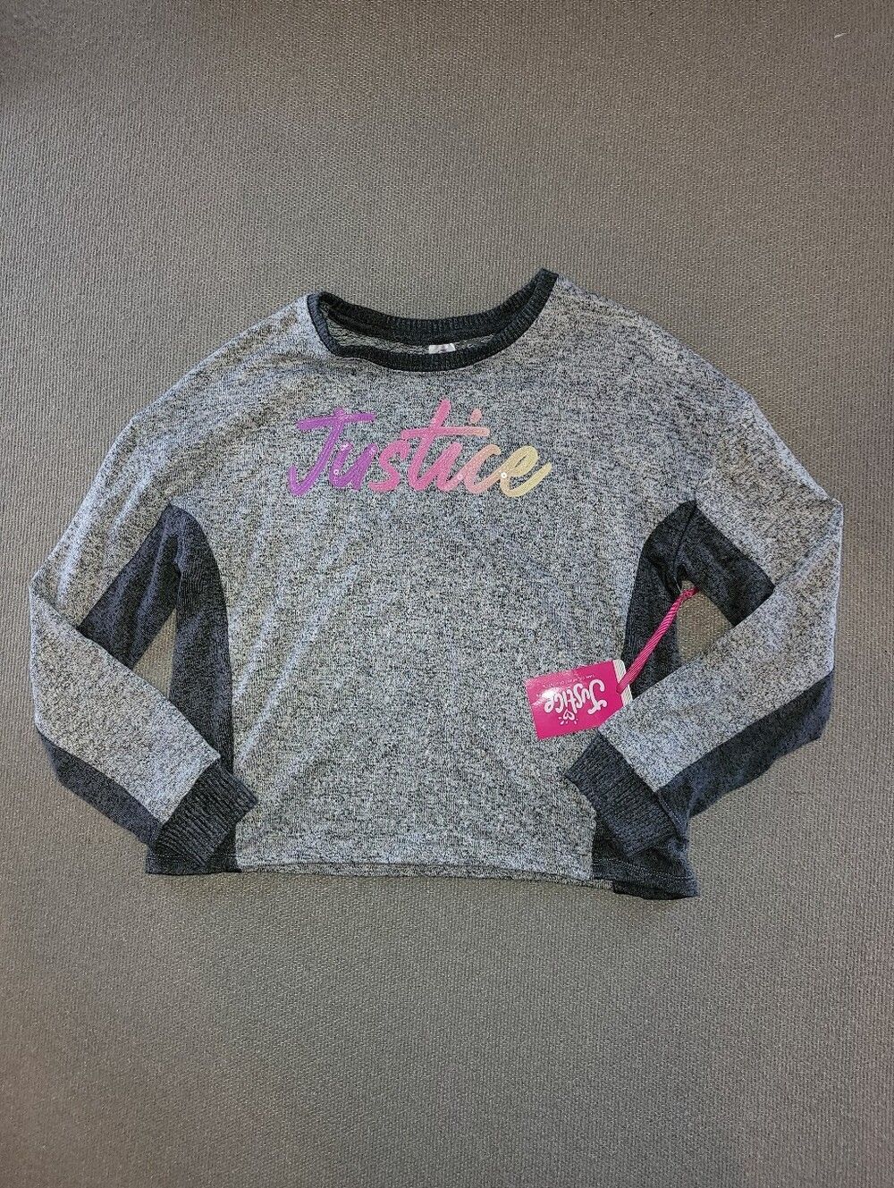 Justice Size Large 12/14 Gray Sweatshirt with Pastel Ombre Logo NWT